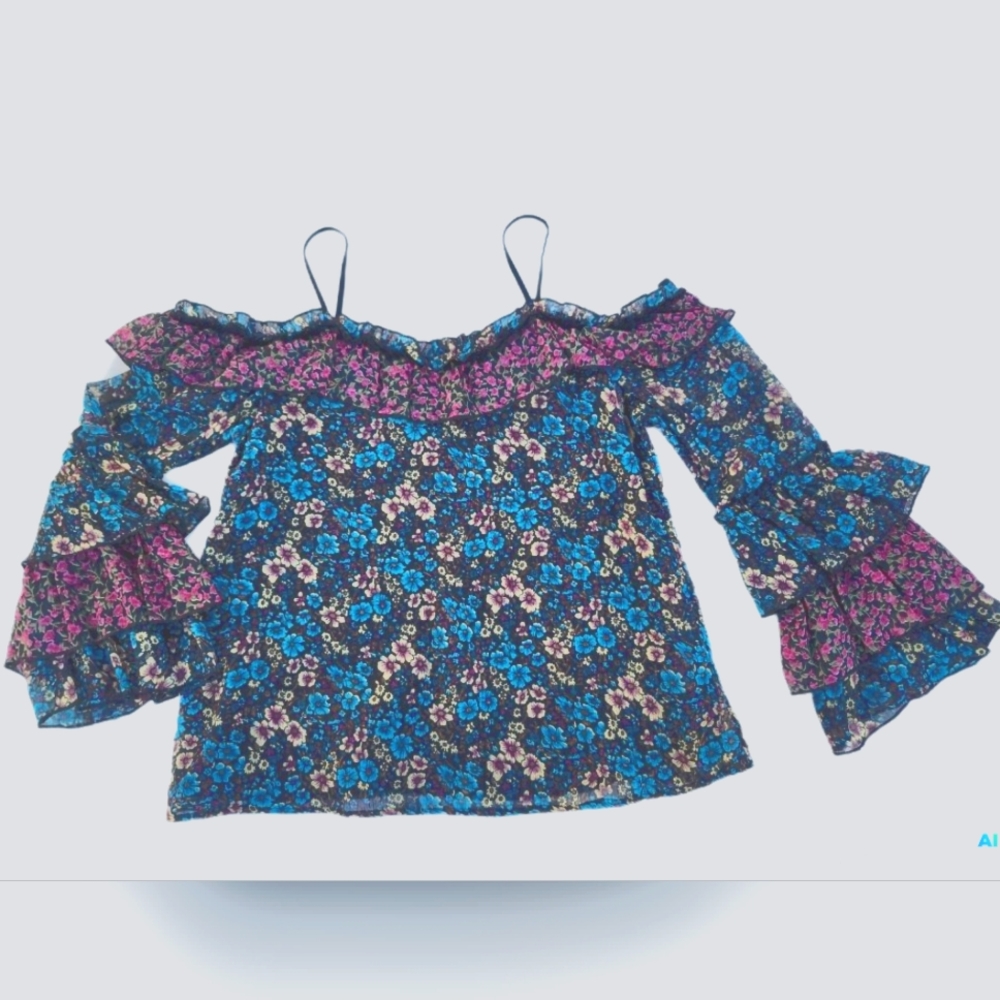Cold shoulder ruffled shirt w/floral print in blues UK 12 US 8 by River Island